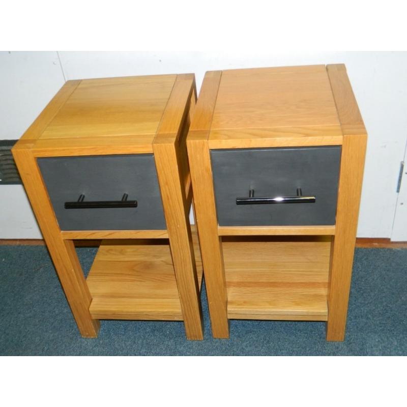 Solid wood bedside cabinets with blue/grey drawers