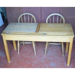 Vintage 1950's infants double school desk & two matching chairs.