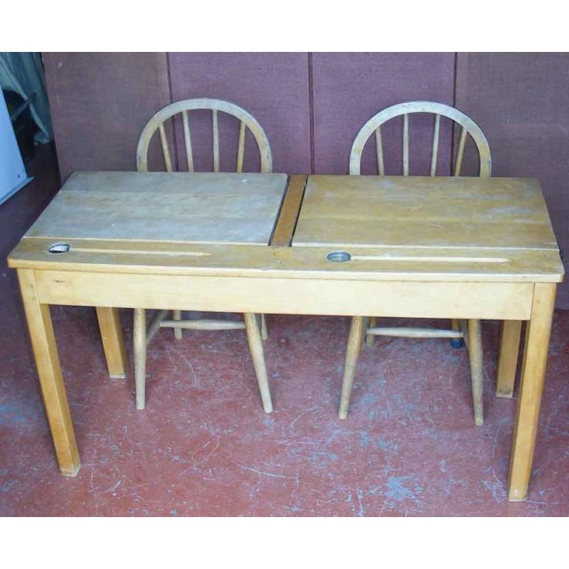 Vintage 1950's infants double school desk & two matching chairs.