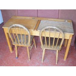 Vintage 1950's infants double school desk & two matching chairs.