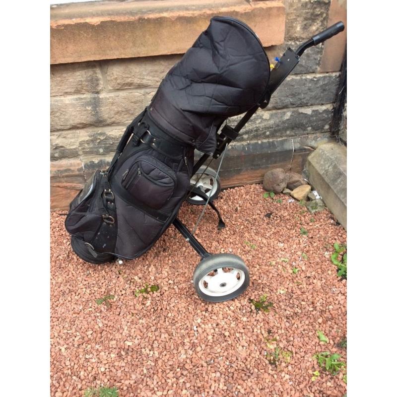 Full set of golf clubs including bag and trolley